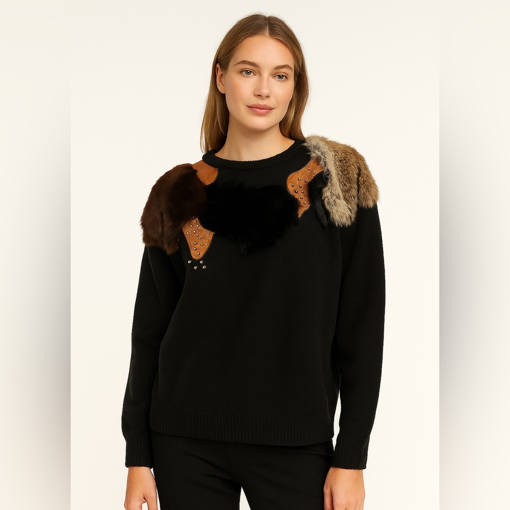 VINTAGE Elegant Black Wool Sweater with Real Fur Accents size Medium